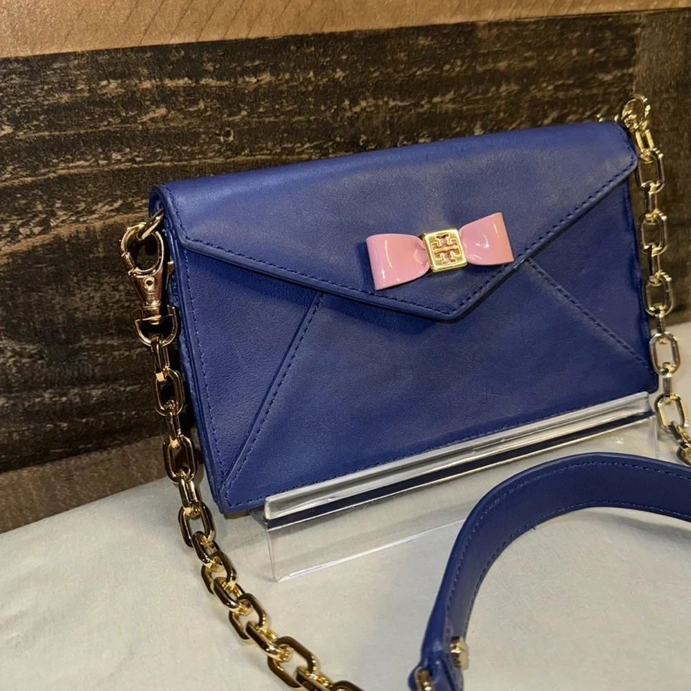 Tory Burch Blue Leather Mini Crossbody with Pink Bow and Gold Chain